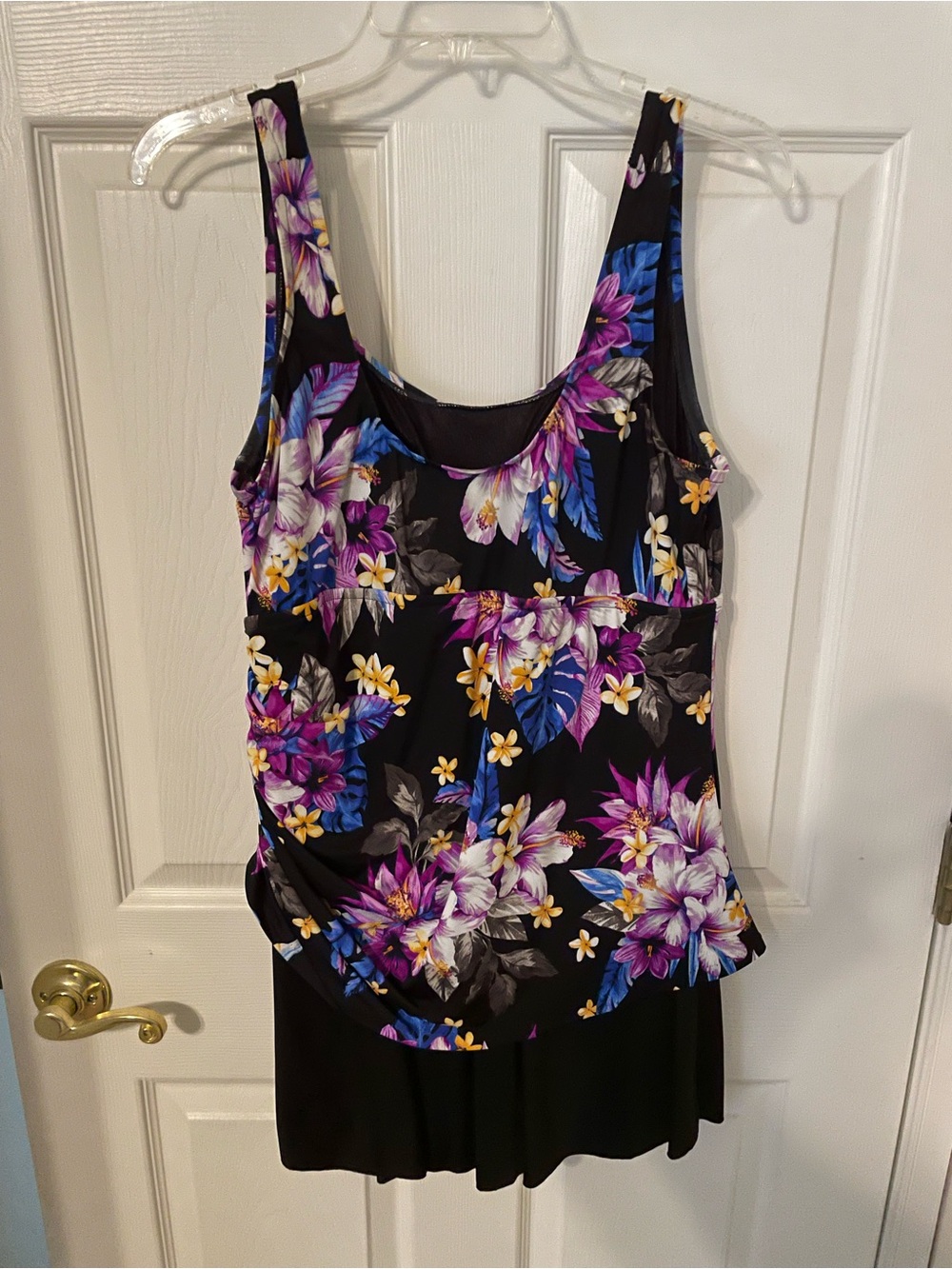 Floral Scoop Neck Black Tankini Top with Skirt